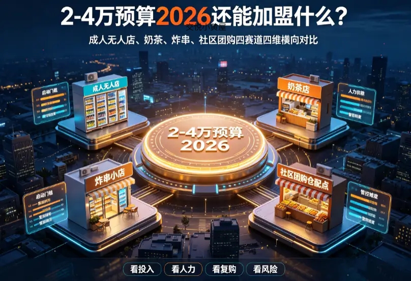 2-4 万预算 2026 还能加盟什么？成人无人店、奶茶、炸串、社区团购四赛道四维横向对比 